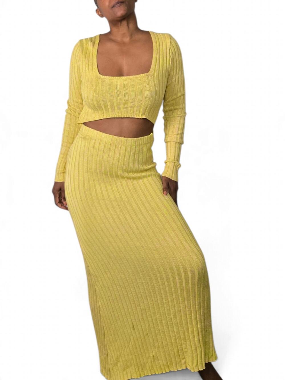 AFRM Skye Lime Yellow Ribbed Knit Long Sleeve Sweater Dress Midi Column Medium